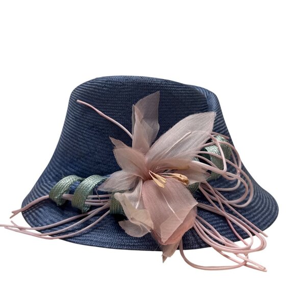 Vtg Nordstrom Blue Straw Hat W/ Pink Floral Accent & Green Ribbon Embellishment - Picture 8 of 11